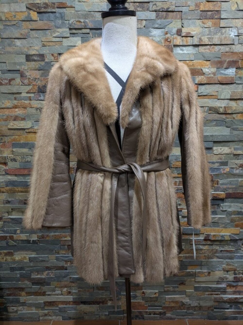 Retro Pastel Mink Real Fur Coat with Leather Trim and Belt Large